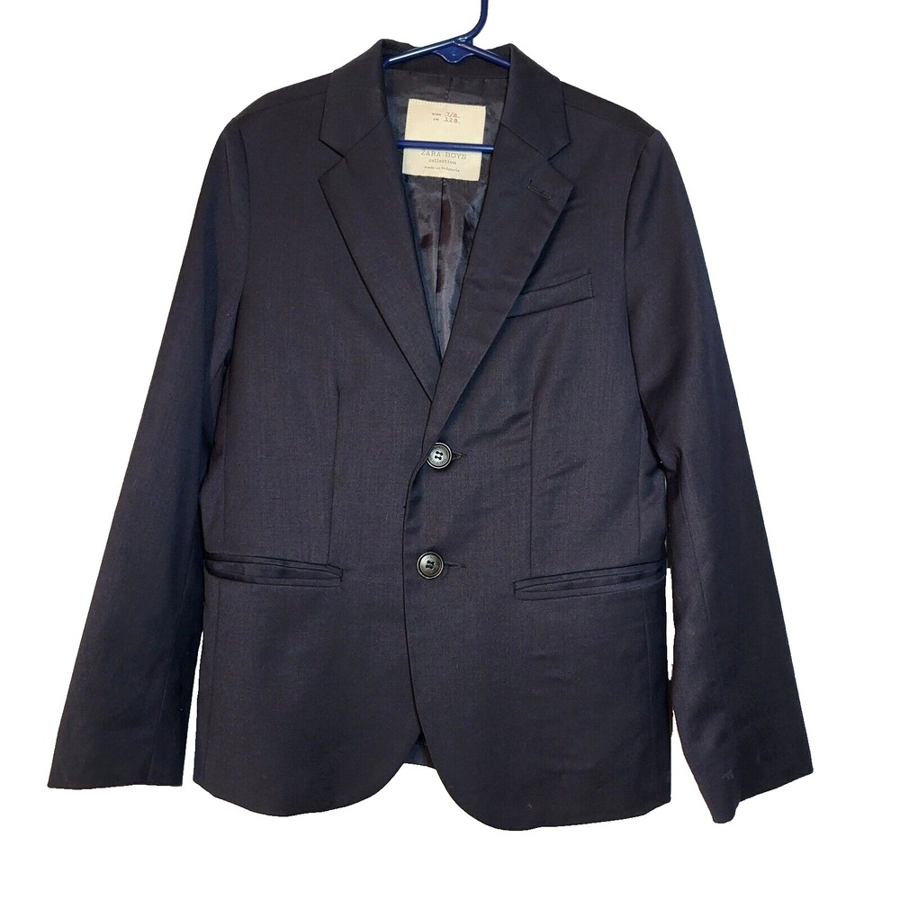 Zara Boys Navy Blue Blazer Boy's Size 7/8 2 Button Front 3 Button Sleeve Pockets